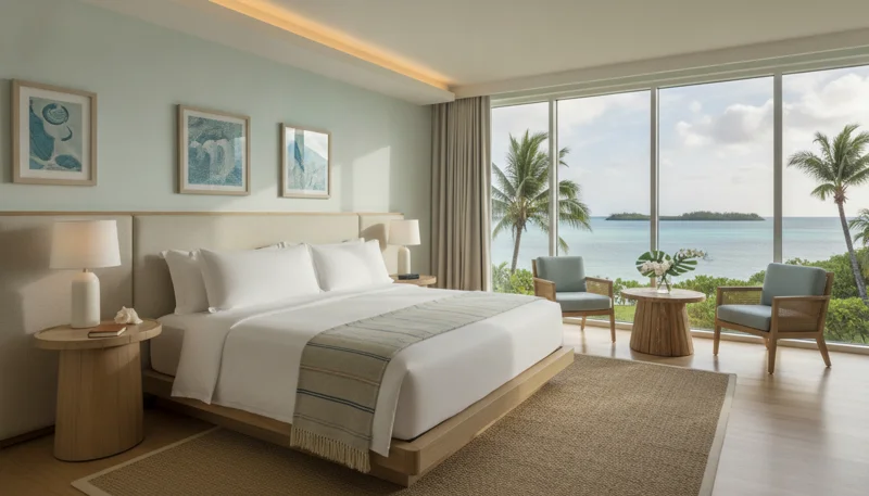 Elegant modern hotel guest room with king bed, crisp white linens, large floor-to-ceiling windows overlooking a tropical lagoon, coastal-inspired decor, soft natural daylight, interior design photography