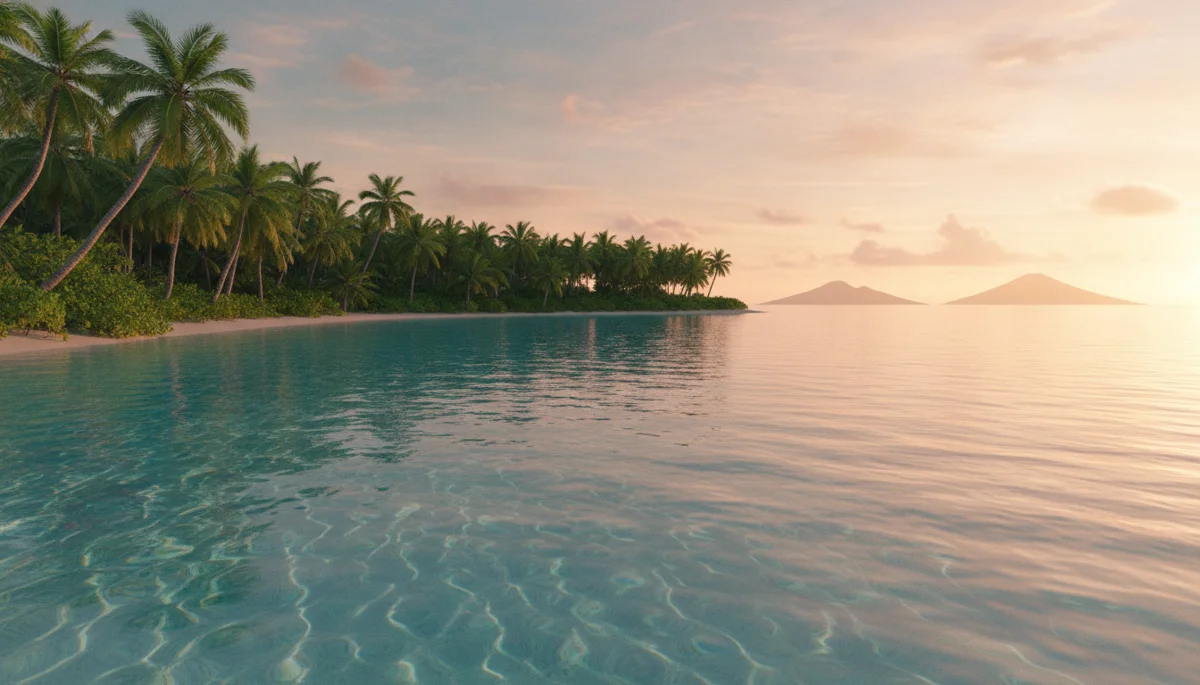 Breathtaking tropical lagoon at golden hour, crystal clear turquoise water reflecting soft warm sunlight, lush green palms along the shoreline, gentle ripples, serene and luxurious atmosphere, wide landscape photography
