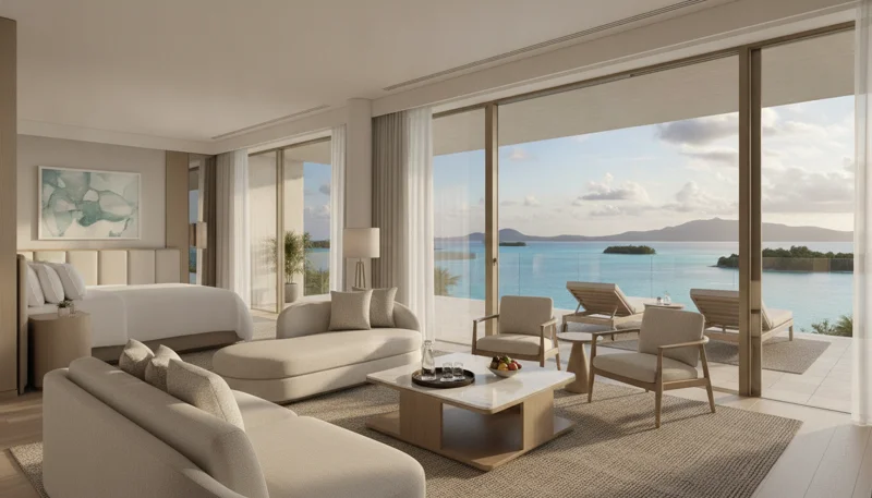 Luxurious waterfront hotel suite with panoramic lagoon views, spacious seating area, private terrace with sun loungers, soft neutral tones, airy and refined atmosphere, high-end hospitality photography